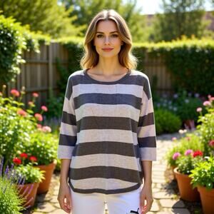 Sioni Women Sweater M Cashmere Angora Blend Gray Striped Quiet Luxury Pullover